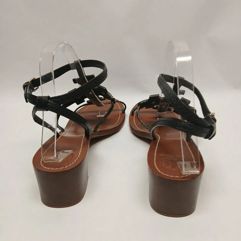 Tory Burch Black Leather Double T Logo Block Heel Ankle Strap Sandals Women's 11